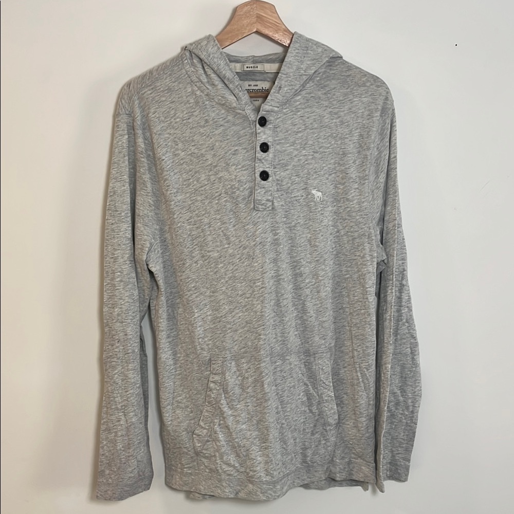 Abercrombie & Fitch Muscle Gray Long-Sleeve Hoodie Shirt with Front 1/4 Buttons